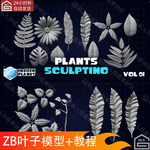 zbrush植物叶子树叶花朵3d模型ztl和雕刻所用笔刷及绿植制作教程