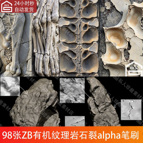 zbrush扭曲有机纹理alpha雕刻笔刷岩石头裂纹裂痕裂缝ZB笔刷psd