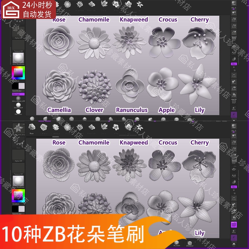 zbrush花朵鲜花玫瑰菊花三叶草百合笔刷ZB植物叶子花蕾笔刷