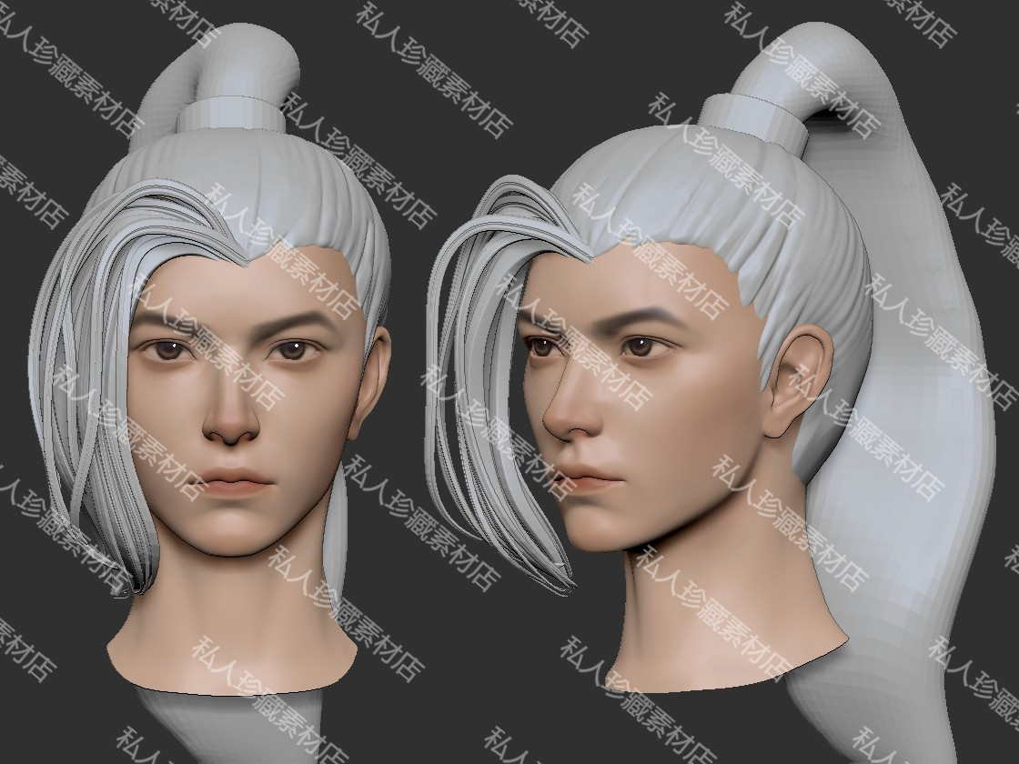 zbrush男性帅哥长发头部素模带细分3D模型古风头像stl亚洲zb模型