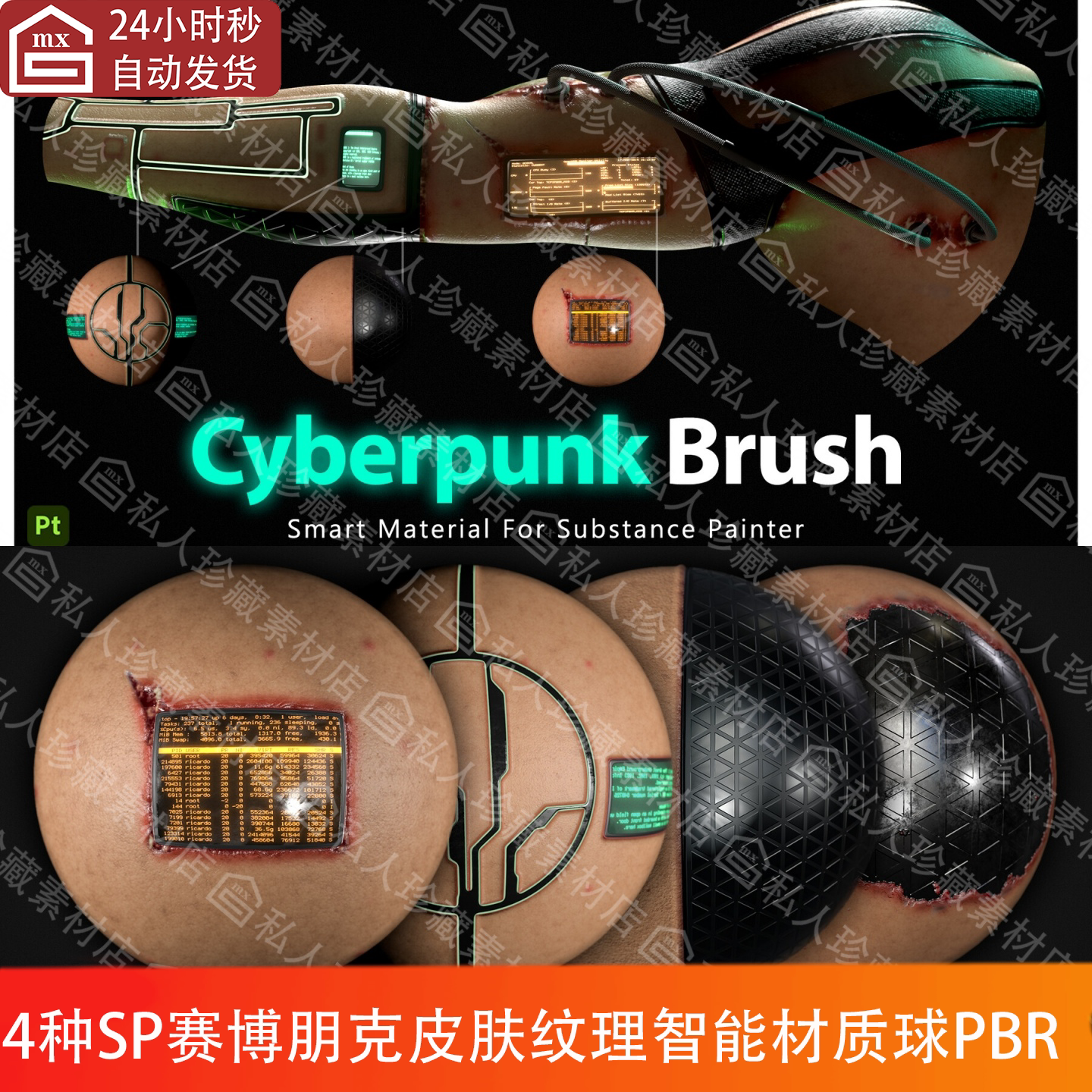 Substance Painter赛博朋克人类皮肤纹理SP智能材质球Cyberpunk