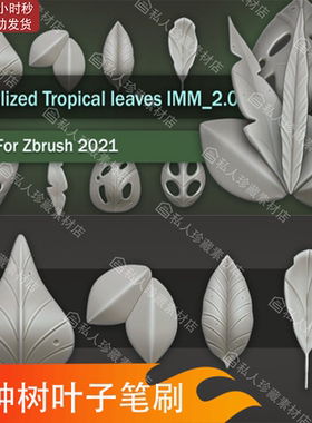 zbrush风格化植被树叶子imm笔刷ZBP卡通破损破烂热带树叶笔刷