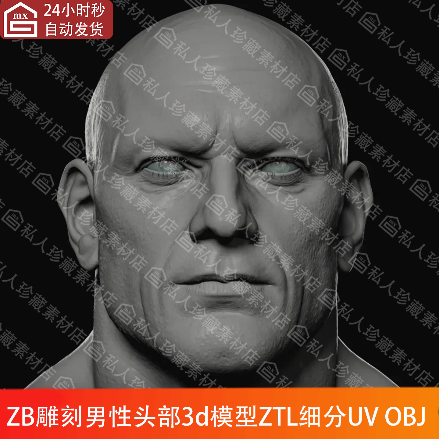 ZBrush男性人头部头像基础3d模型ZTL细分UV欧美人物光头高模OBJ