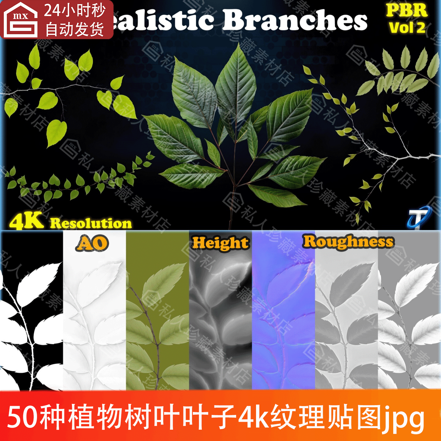 50种植物叶子树叶绿植树枝叶子葵叶法桐叶4k纹理贴图jpg素材PBR