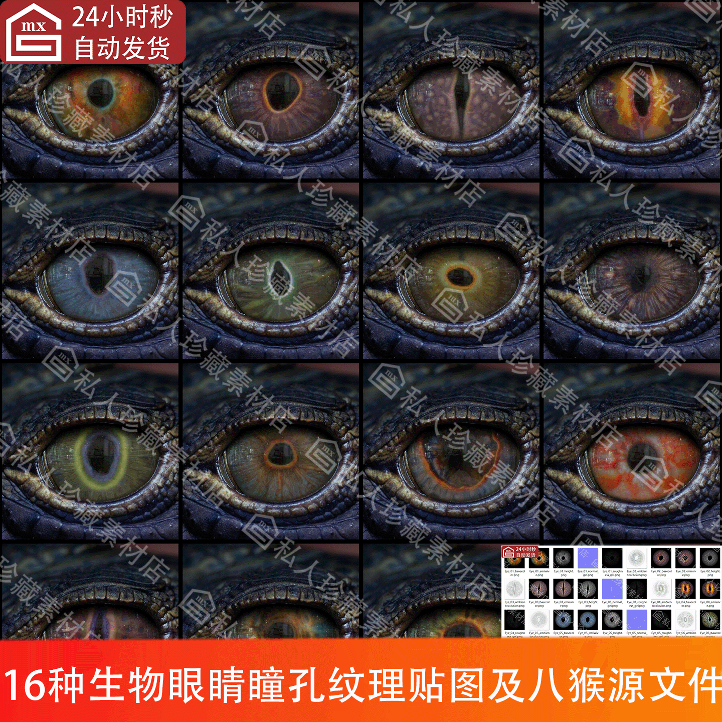 爬行动物蜥蜴恐龙鳄鱼眼睛虹膜瞳孔纹理贴图png和八猴4源文件PBR
