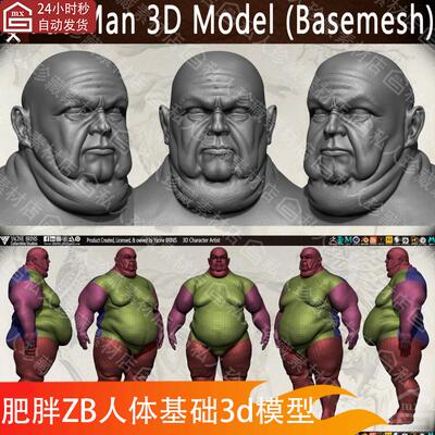 zbrush男性胖子肥胖人体人物角色基础3d模型ztl全身雕刻高模stl