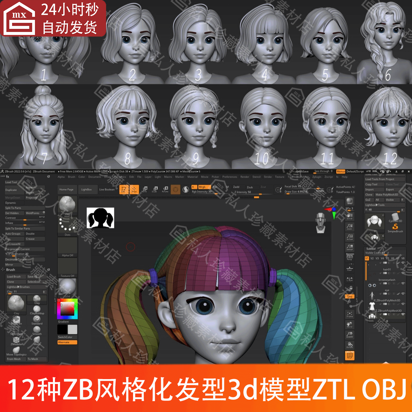 ZBrush风格化女孩发型头发3d模型ZTL细分卡通手办毛发造型高模obj