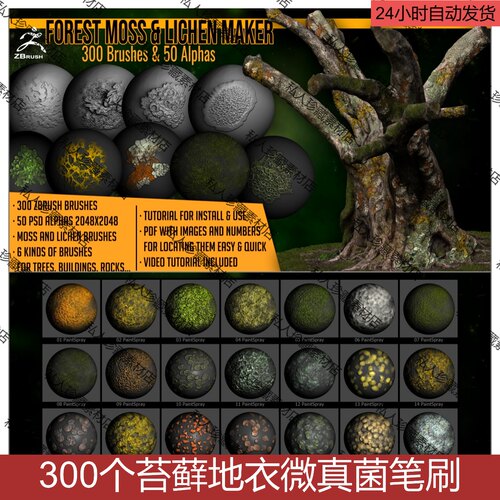 zbrush树皮地面青苔藓地衣雕刻笔刷zb地面绿藻植物藻类孢子笔刷