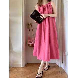 茶歇法式无袖吊带连衣裙女夏季感背心A字长裙显白气质树莓红女装