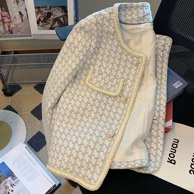 2025秋冬季新款时尚小香风外套花边千鸟格宽松百搭气质短外套女装