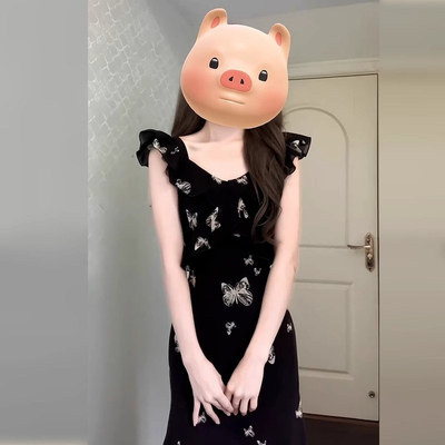 法式复古飞飞袖荷叶连衣裙女学生夏季新款收腰显瘦方领长裙女装