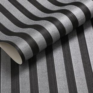 深咖壁奢色D16竖条纹墙纸书房过道饭店酒店轻简约银黑色3细条纹纸