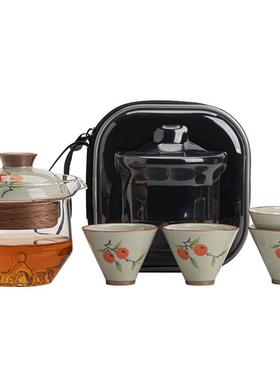 窑手绘快客杯户一壶三杯玻璃BfhG8HJd手抓壶办外便携旅行茶具哥公