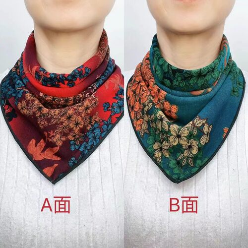 秋冬季新芳澳绒棉双面双花三角巾女保暖护颈椎双排扣围巾印花围脖