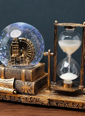 复古铁塔沙漏计时器水晶球八音盒发光桌面摆件学生毕业圣诞节礼物