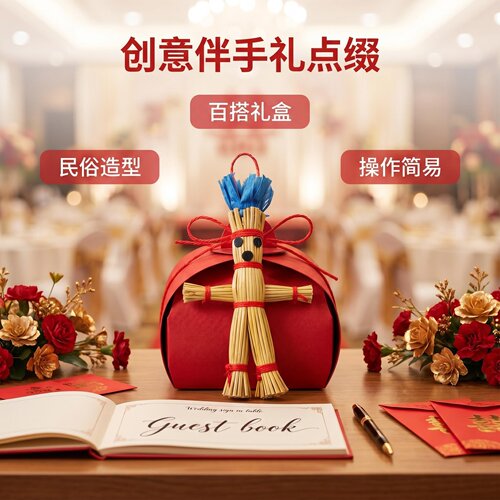 糯草人带帽编织手工摆件布景
