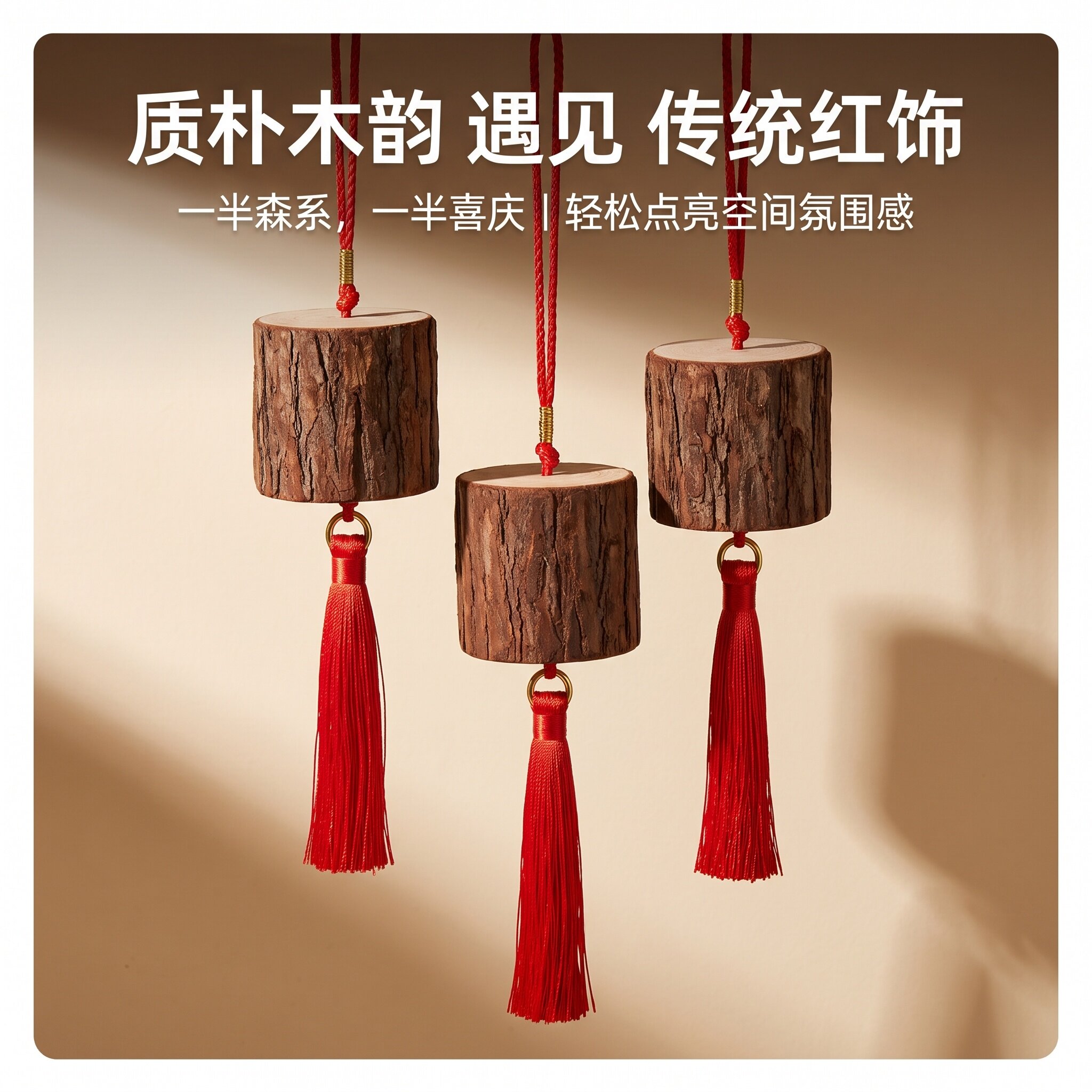 杉木带皮挂饰挂红色流苏禅意造景