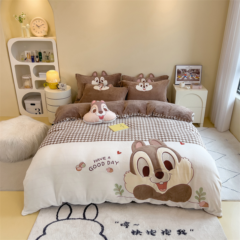 迪士尼牛奶绒床上四件套奇奇蒂蒂冬季加厚珊瑚绒被套卡通三件床品