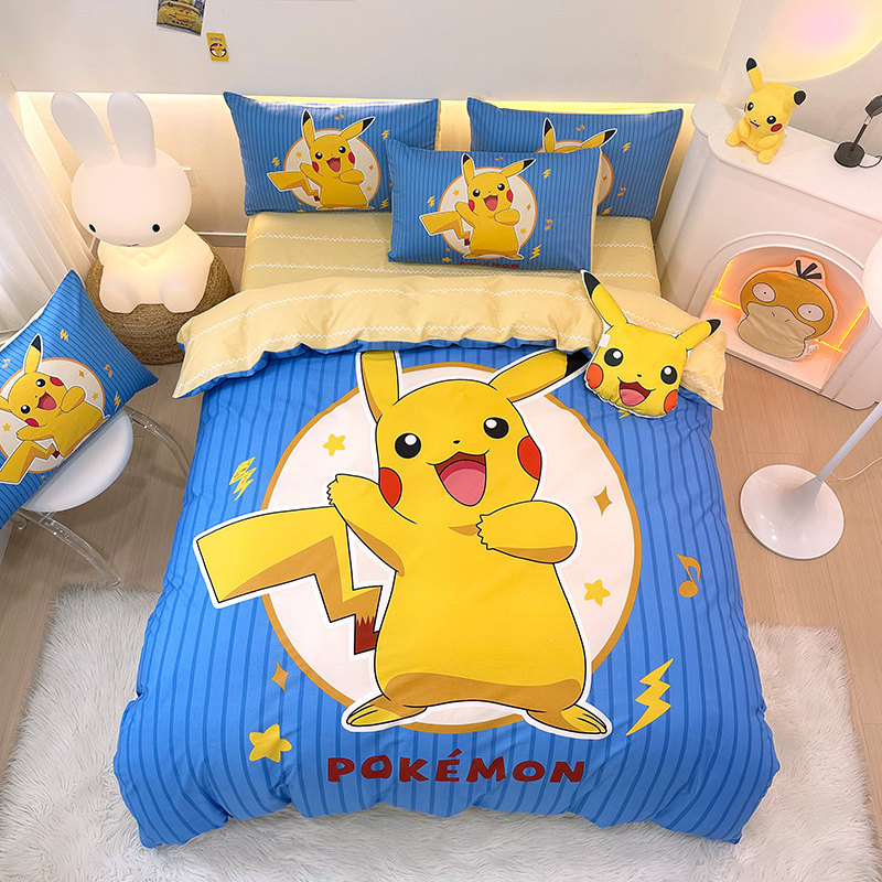 宝可梦儿童皮卡丘床上四件套全棉纯棉男孩男童床单被套卡通三件套