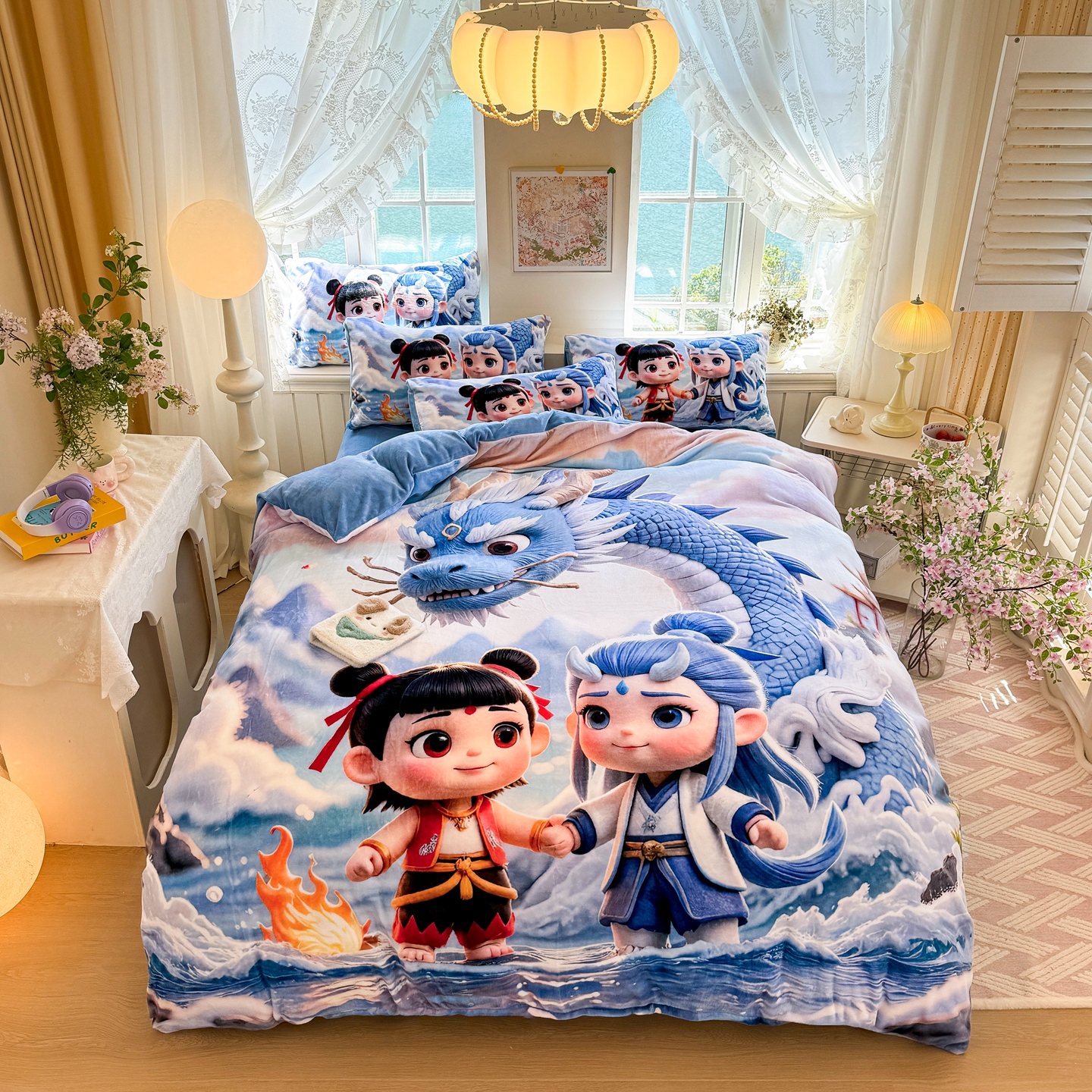 卡通可爱哪吒牛奶绒加厚四件套秋冬被套宿舍三件套儿童床品男女孩