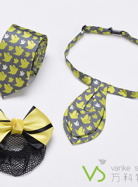 万科领带物业新款公司男拉链易拉得千鸟黄色银灰色管家头花领花女