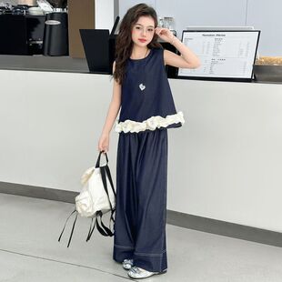 女童套装夏装2025新款洋气儿童女大童仿牛仔背心天丝阔腿裤两件套