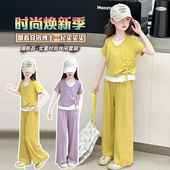 夏装 两件套夏季 2025新款 T恤阔腿裤 潮 儿童洋气假两件短袖 女童套装