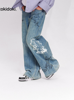 tokidoki潮牌2025春季新款涂鸦印花直筒牛仔裤男女同款直筒裤子