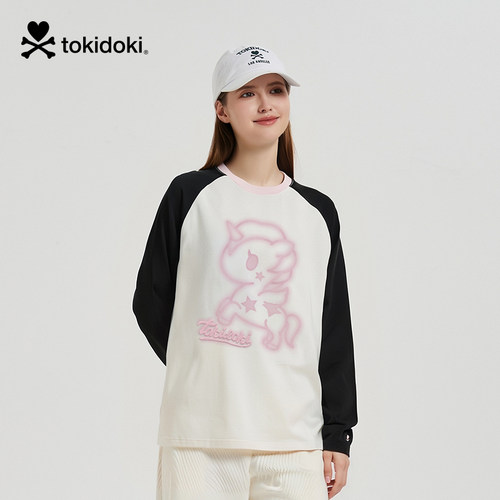 tokidoki2025秋季新款晕染印花撞色长袖T恤男女同款情侣上衣