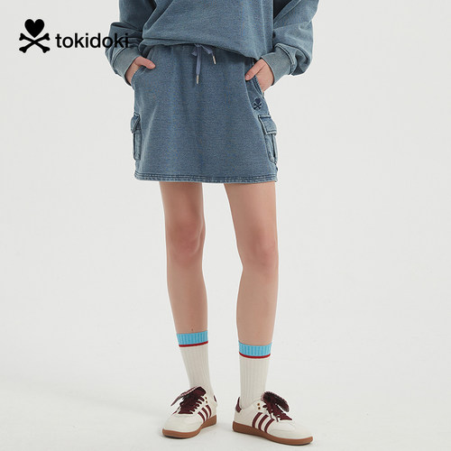 tokidoki春夏潮牌个性工装口袋灰蓝色水洗针织休闲减龄半身裙