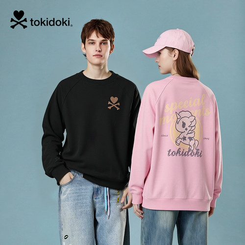 tokidoki美式复古水洗做旧卡通字母印花圆领卫衣男女秋季新款上衣