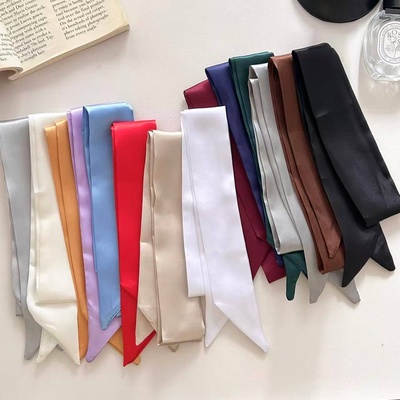 新款缎面纯色丝巾细窄长条飘带法式蝴蝶结扎发丝带气质百搭小