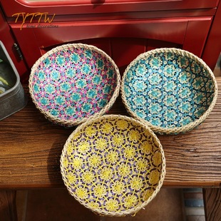竹编果盘彩色手工收纳竹篮精致彩色竹编篮子天然果篮艺术编制装饰