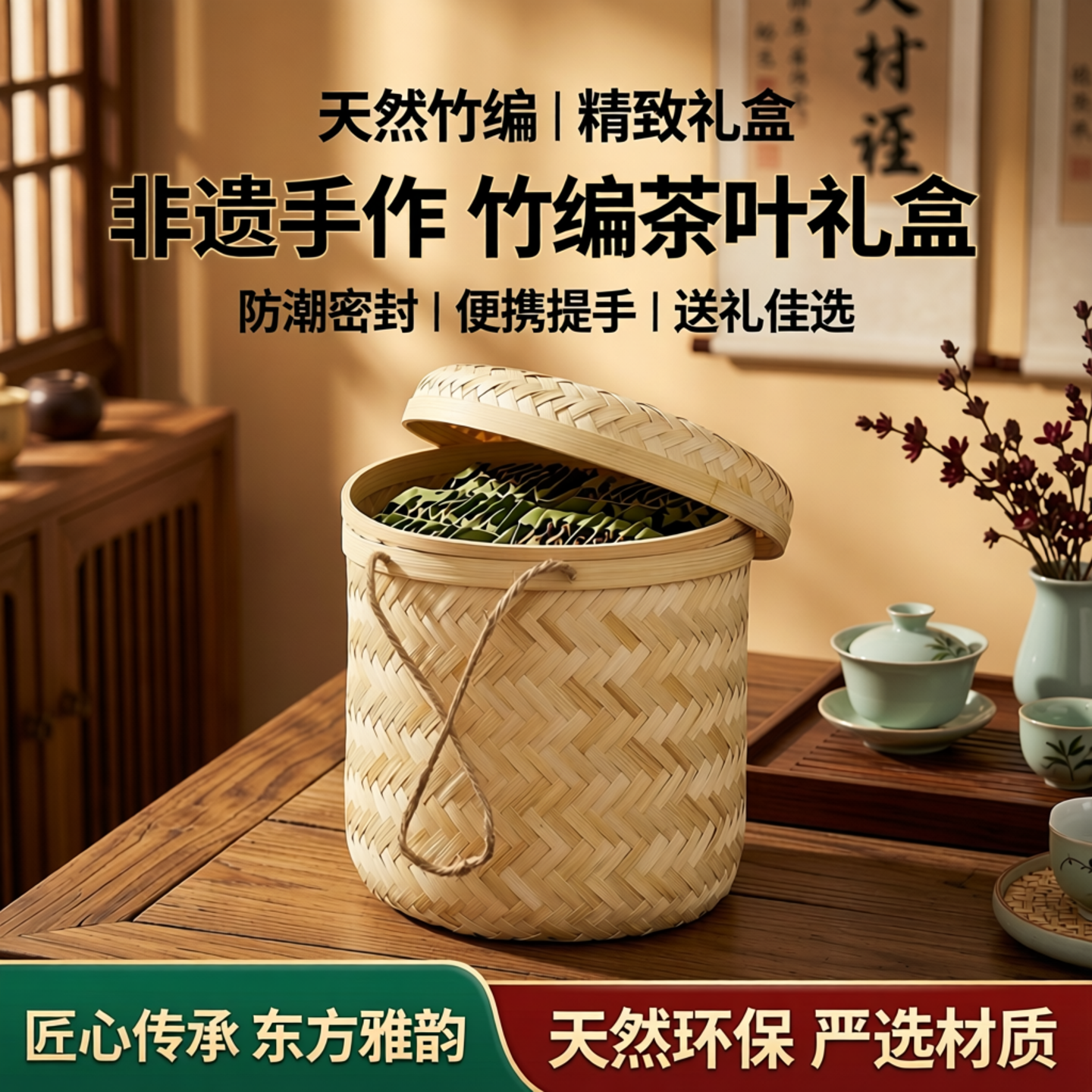 竹编竹盒定制包装盒编织茶叶礼盒竹制粽子篮圆形大中小号罐装带盖