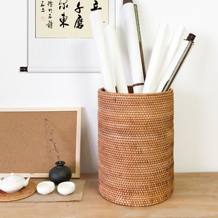 藤编织字书画卷收纳桶筐加高款高档客厅复古圆形特大号天然材料编