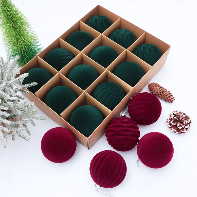植绒天鹅绒圣诞球8cm12pcs深色系圣诞节圣诞树挂件装饰品丝绒圣诞