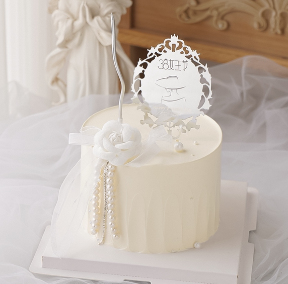 三八妇女节唯美女神蛋糕装饰珍珠山茶花摆件38女王节镜子烘焙装扮