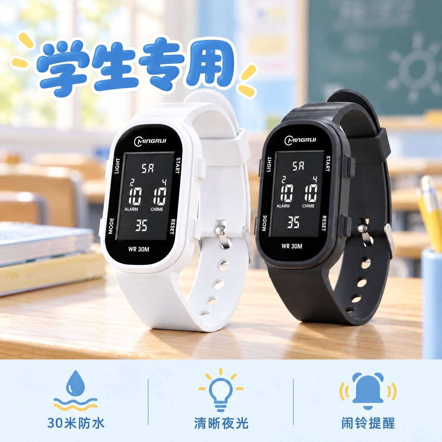 手表女款初高中学生多功能运动手环夜光闹钟防水儿童男孩电子表
