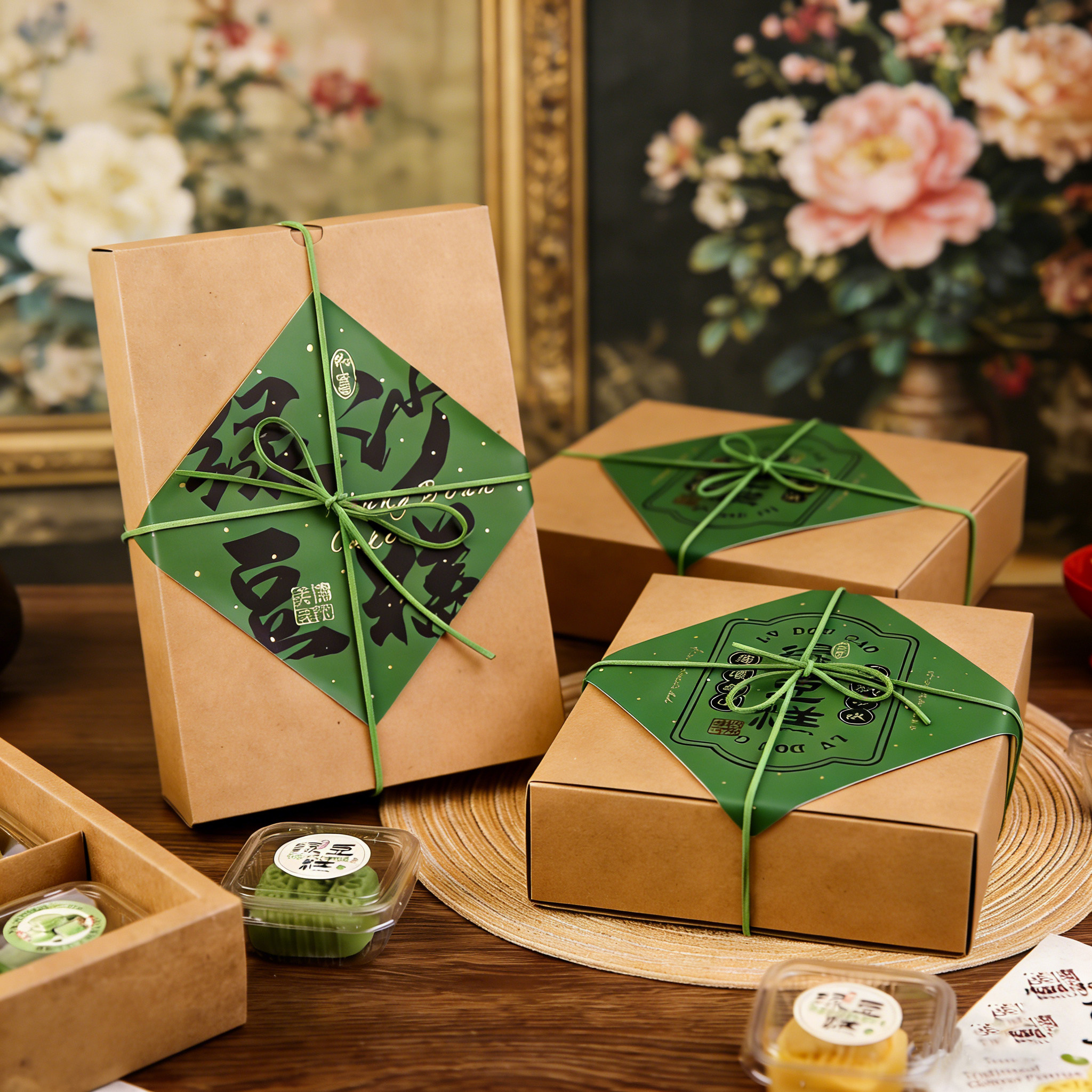 绿豆糕包装盒6粒端午节礼盒小清新复古烘焙手工绿豆饼冰糕盒空盒