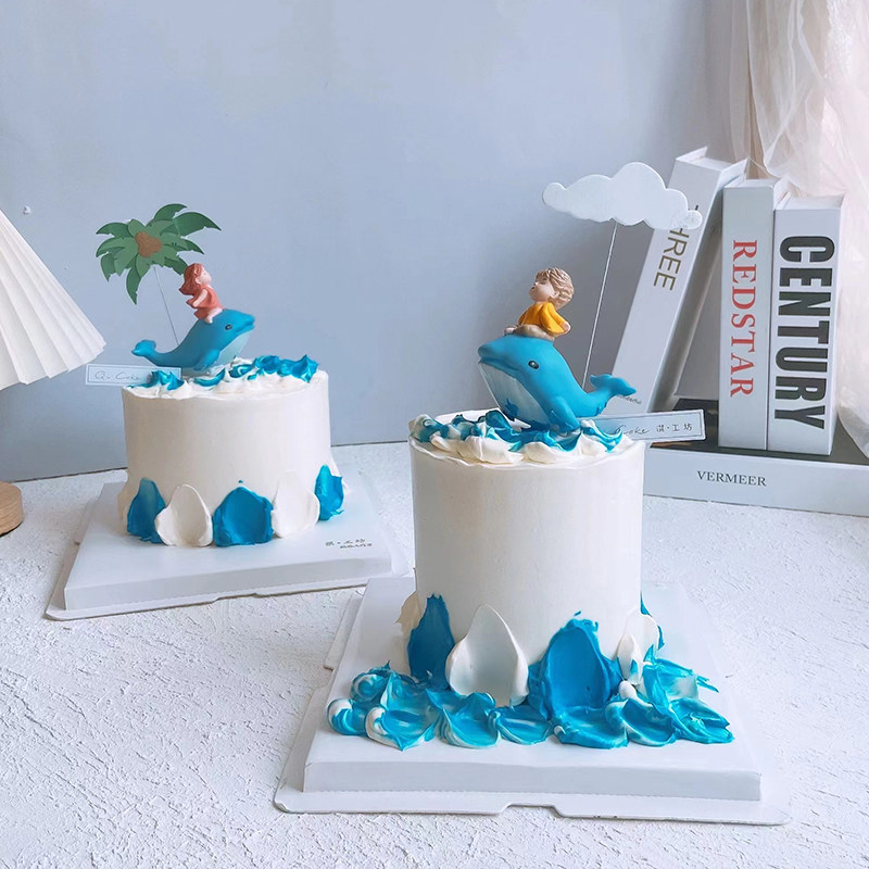 网红鲸鱼蛋糕装饰摆件乘风破浪男孩女孩蓝色海洋世界生日派对配件