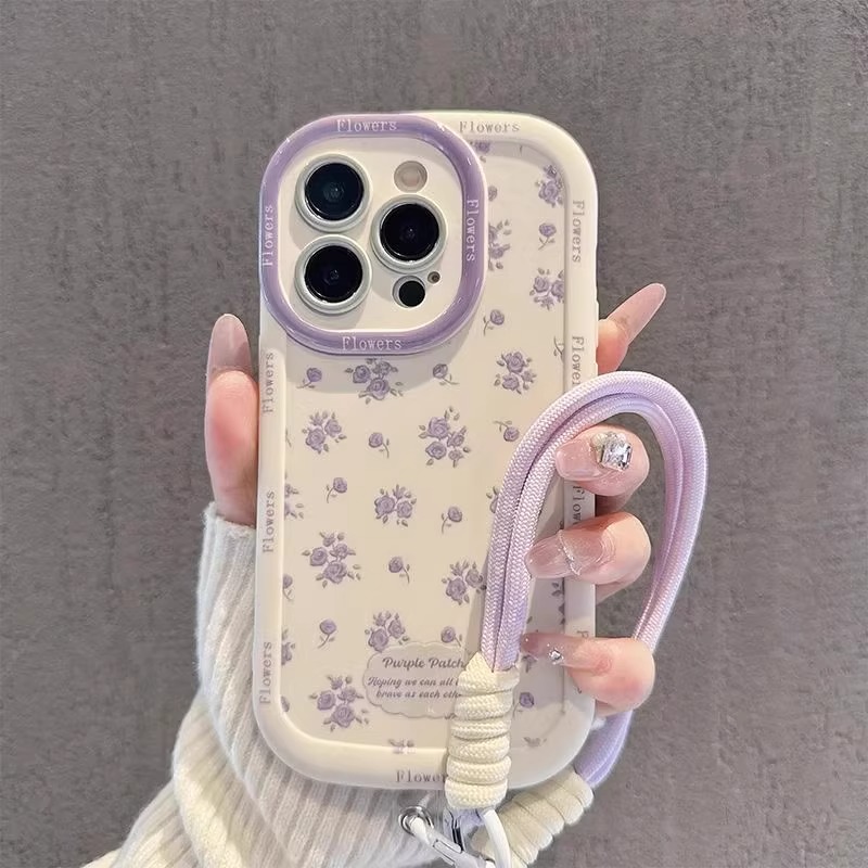 适用苹果16promax手机壳iphone15紫韵花彩绘14plus2025夏天新女款高级感13pm全包12防摔11带挂绳小众创意16外