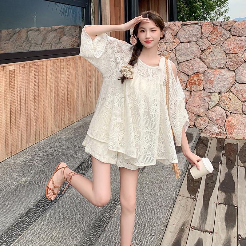 实拍松弛感蕾丝露肩防晒