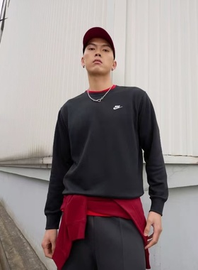 nike耐克卫衣男秋新款针织毛圈刺绣小标黑色圆领套头衫FN3889-010