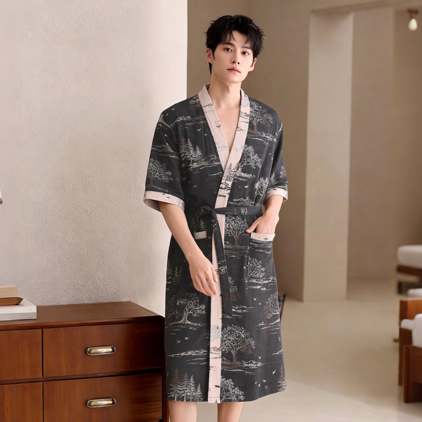 松子壳春夏薄纯棉双层纱布浴袍男可穿式速干洗完澡穿的全棉睡袍男