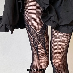 BON 黑白朋克单只超大暗黑蝴蝶网袜超酷千禧辣妹亚文化丝袜春夏