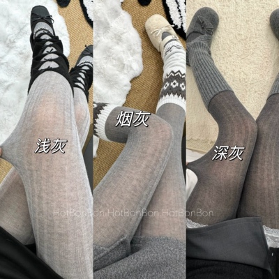 宽条纹灰色miu系微透薄棉打底袜