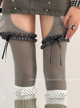 BON z时代辣妹灰色花边蝴蝶结连裤袜复古可爱日杂吊带袜千禧穿搭