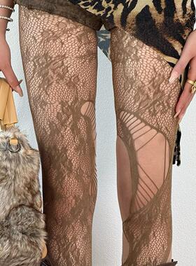 BON 复古街头感轻亚风美拉德不规则花藤镂空破洞网袜棕色辣妹丝袜