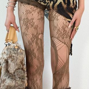 BON 复古街头感轻亚风美拉德不规则花藤镂空破洞网袜棕色辣妹丝袜