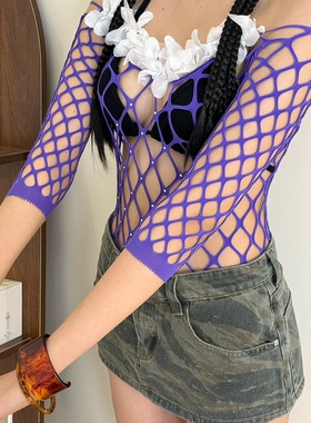 BON 小众紫色中袖花瓣网衣镂空性感涩谷辣妹y2k内搭一字肩连体衣